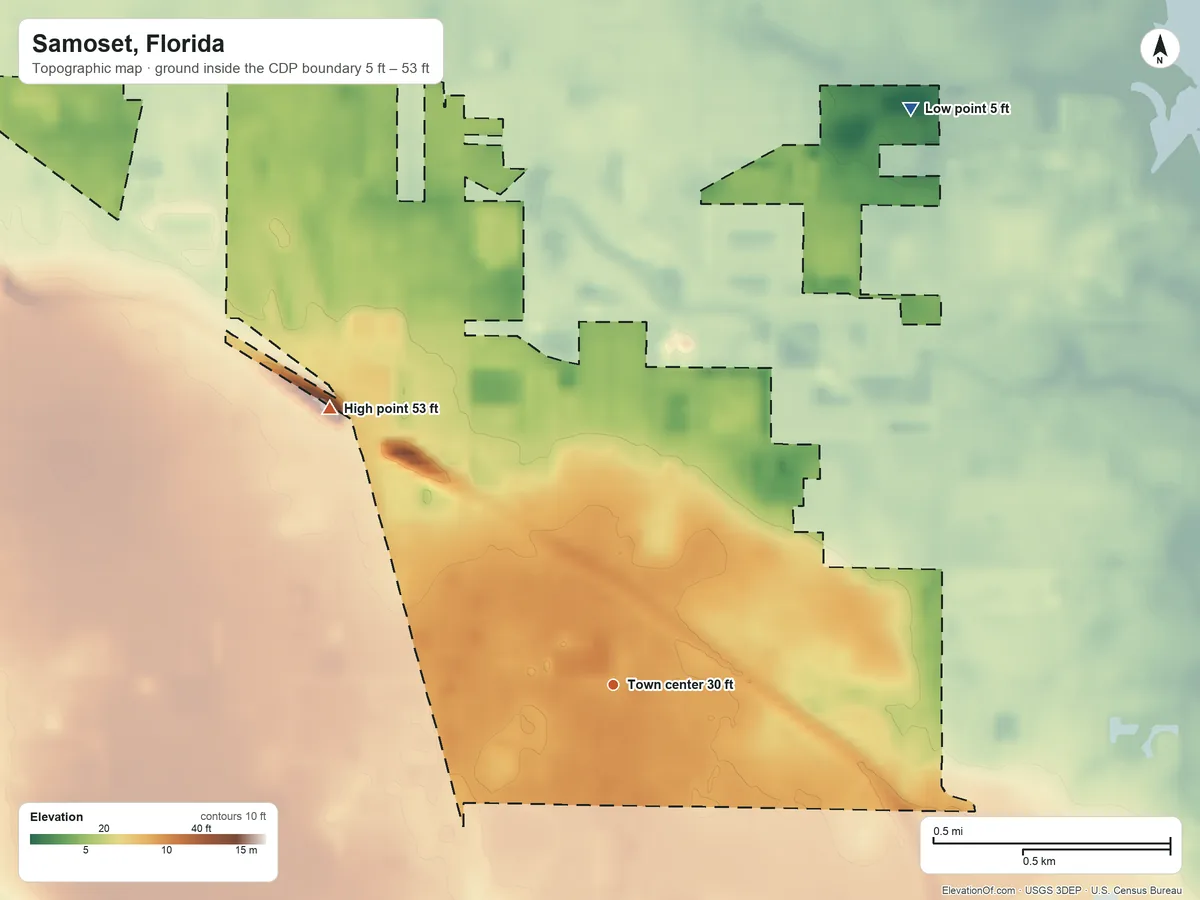 Topographic elevation map of Samoset, Florida, shaded from 5 ft on the northeast side to 53 ft on the northwest side