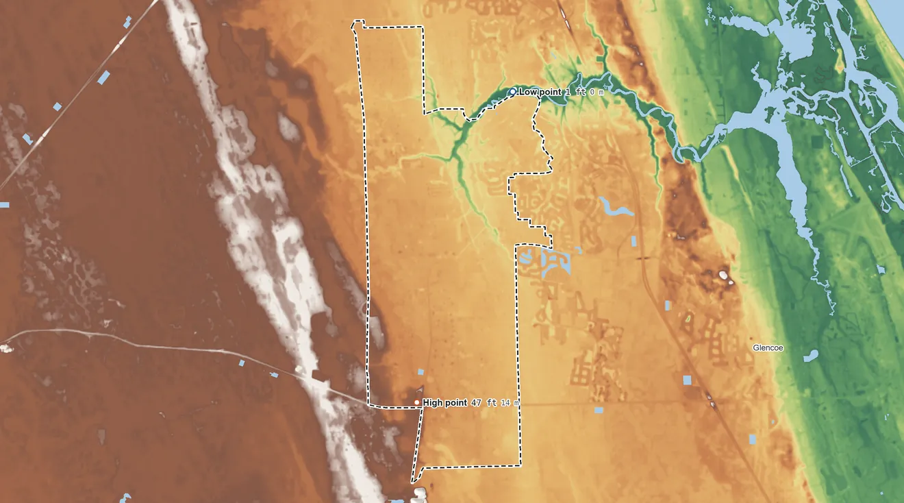 Topographic elevation map of Samsula-Spruce Creek, Florida, shaded from 1 ft on the northeast side to 47 ft on the south side