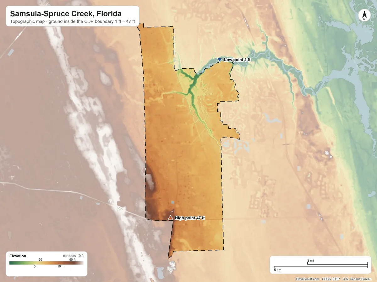 Topographic elevation map of Samsula-Spruce Creek, Florida, shaded from 1 ft on the northeast side to 47 ft on the south side