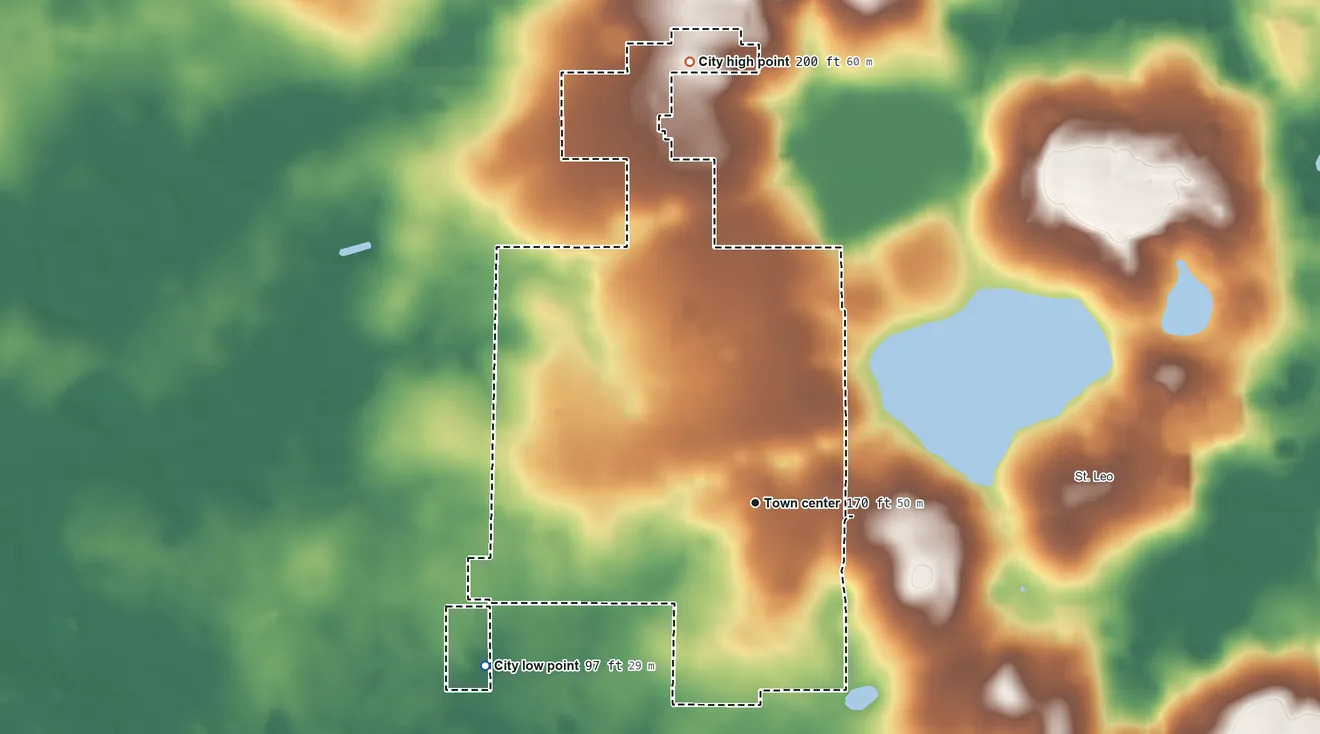 Topographic elevation map of San Antonio, Florida, shaded from 97 ft on the southwest side to 200 ft on the north side
