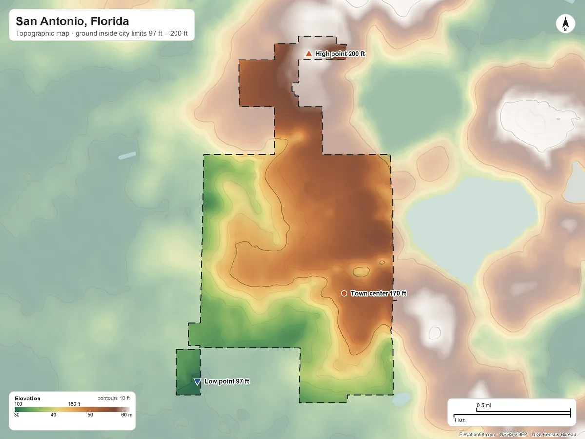 Topographic elevation map of San Antonio, Florida, shaded from 97 ft on the southwest side to 200 ft on the north side