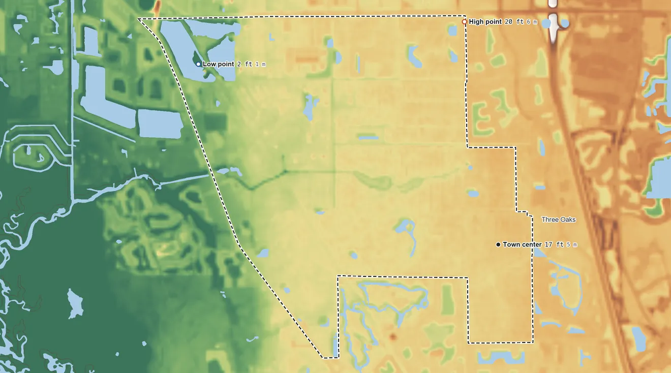 Topographic elevation map of San Carlos Park, Florida, shaded from 2 ft on the northwest side to 20 ft on the north side