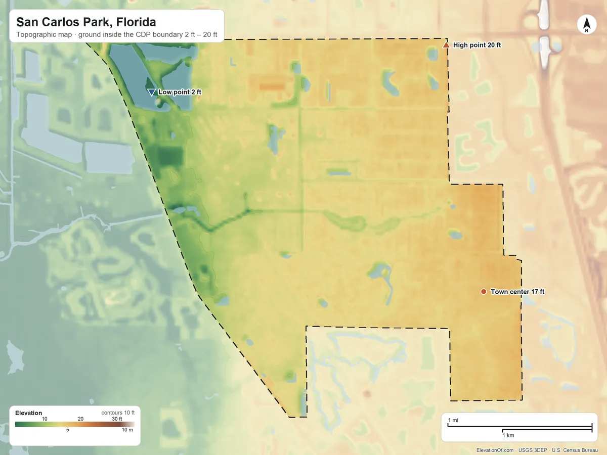Topographic elevation map of San Carlos Park, Florida, shaded from 2 ft on the northwest side to 20 ft on the north side
