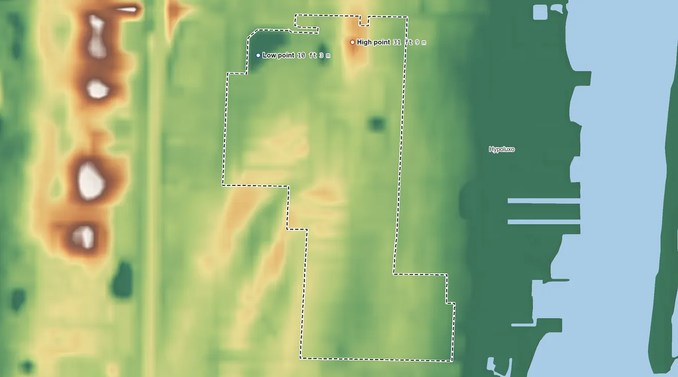 Topographic elevation map of San Castle, Florida, shaded from 10 ft on the northwest side to 31 ft on the north side