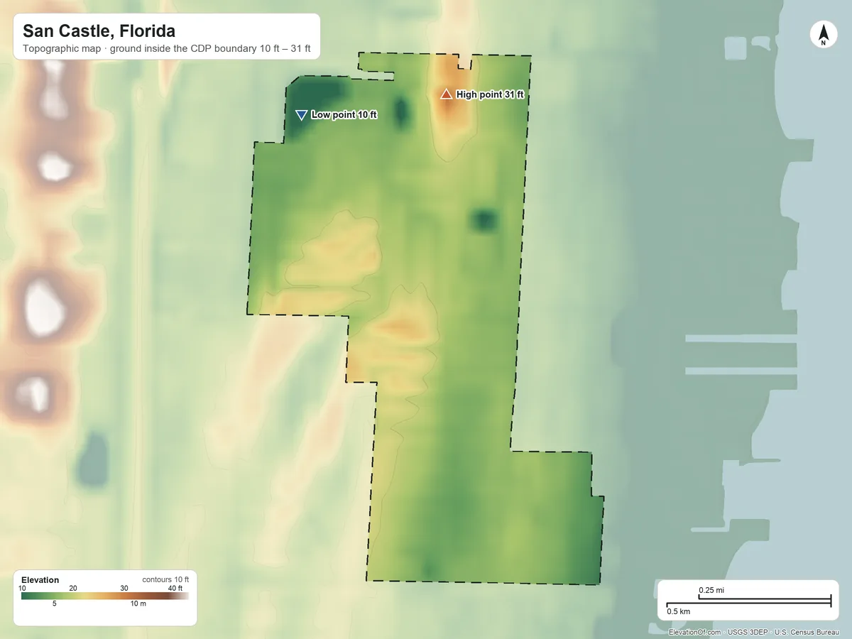Topographic elevation map of San Castle, Florida, shaded from 10 ft on the northwest side to 31 ft on the north side