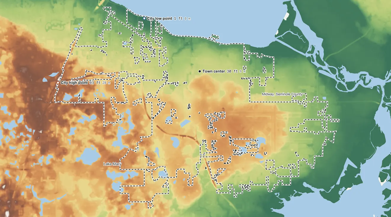 Topographic elevation map of Sanford, Florida, shaded from 1 ft on the northwest side to 93 ft on the west side