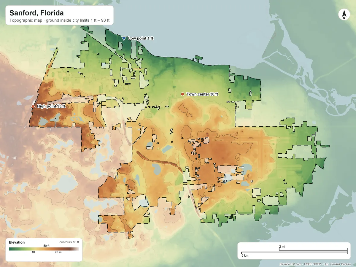 Topographic elevation map of Sanford, Florida, shaded from 1 ft on the northwest side to 93 ft on the west side