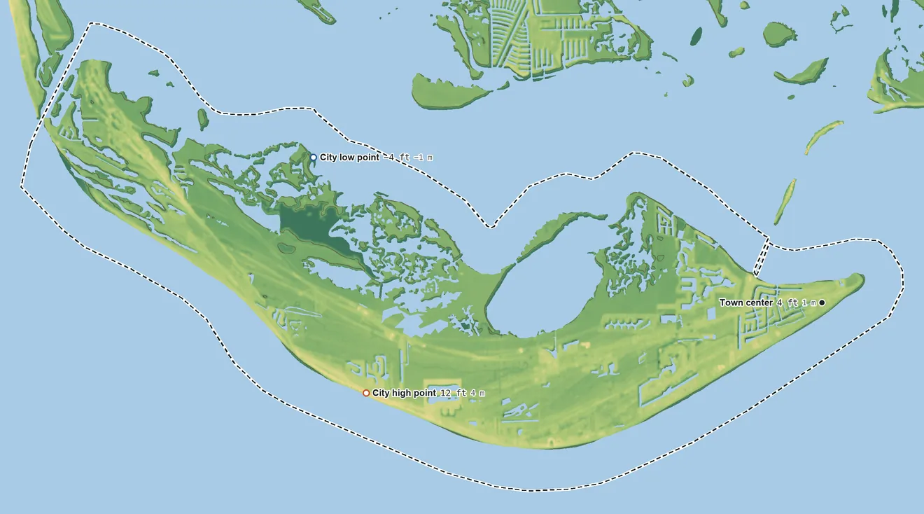 Topographic elevation map of Sanibel, Florida, shaded from −4 ft on the west side to 12 ft on the west side