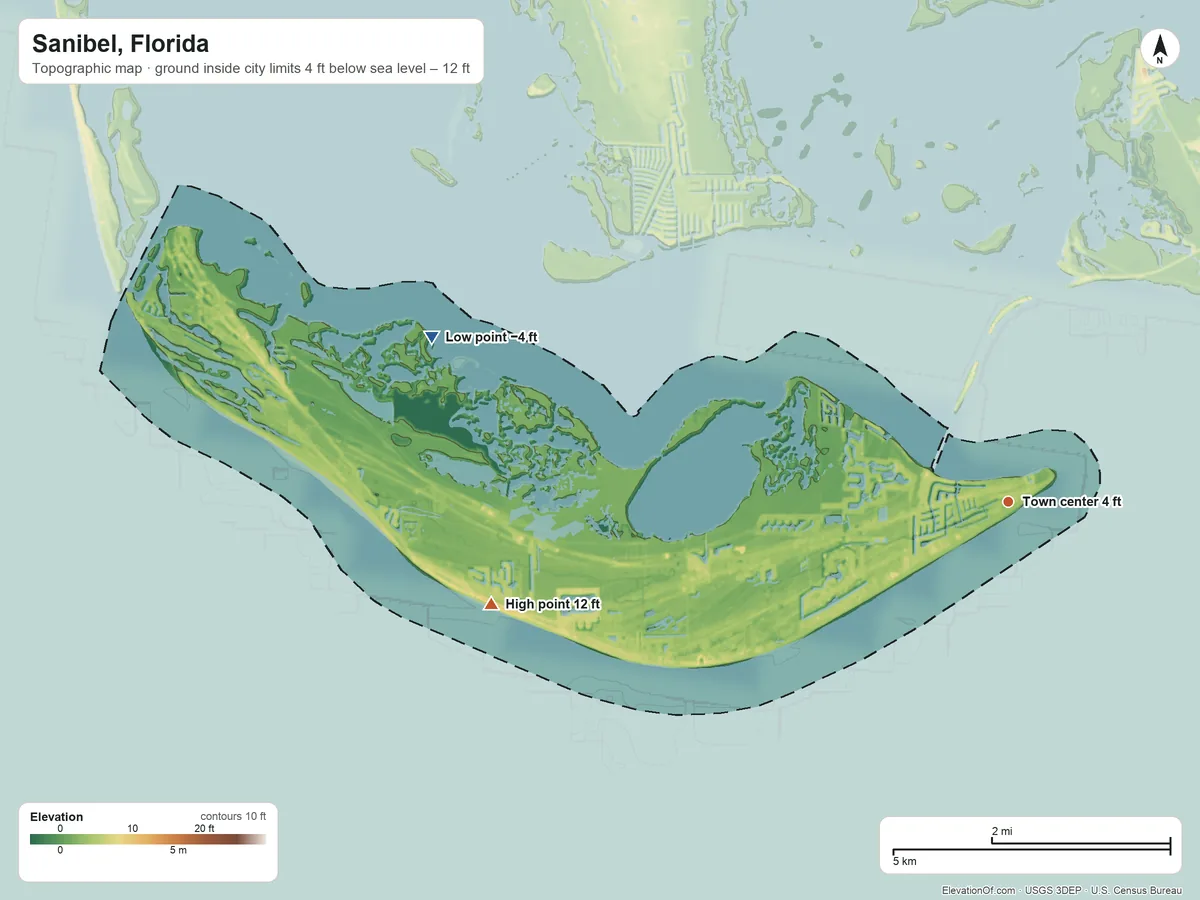 Topographic elevation map of Sanibel, Florida, shaded from −4 ft on the west side to 12 ft on the west side