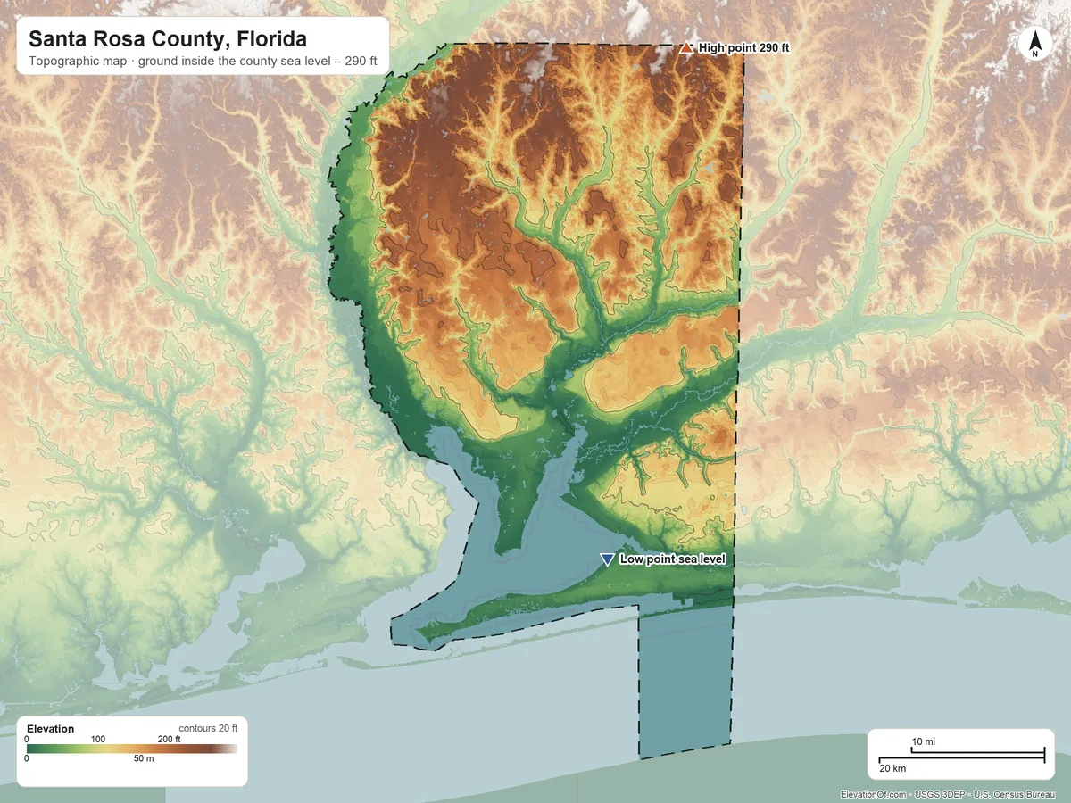 Topographic elevation map of Santa Rosa County, Florida, shaded from sea level on East Bay to 290 ft on the northeast side