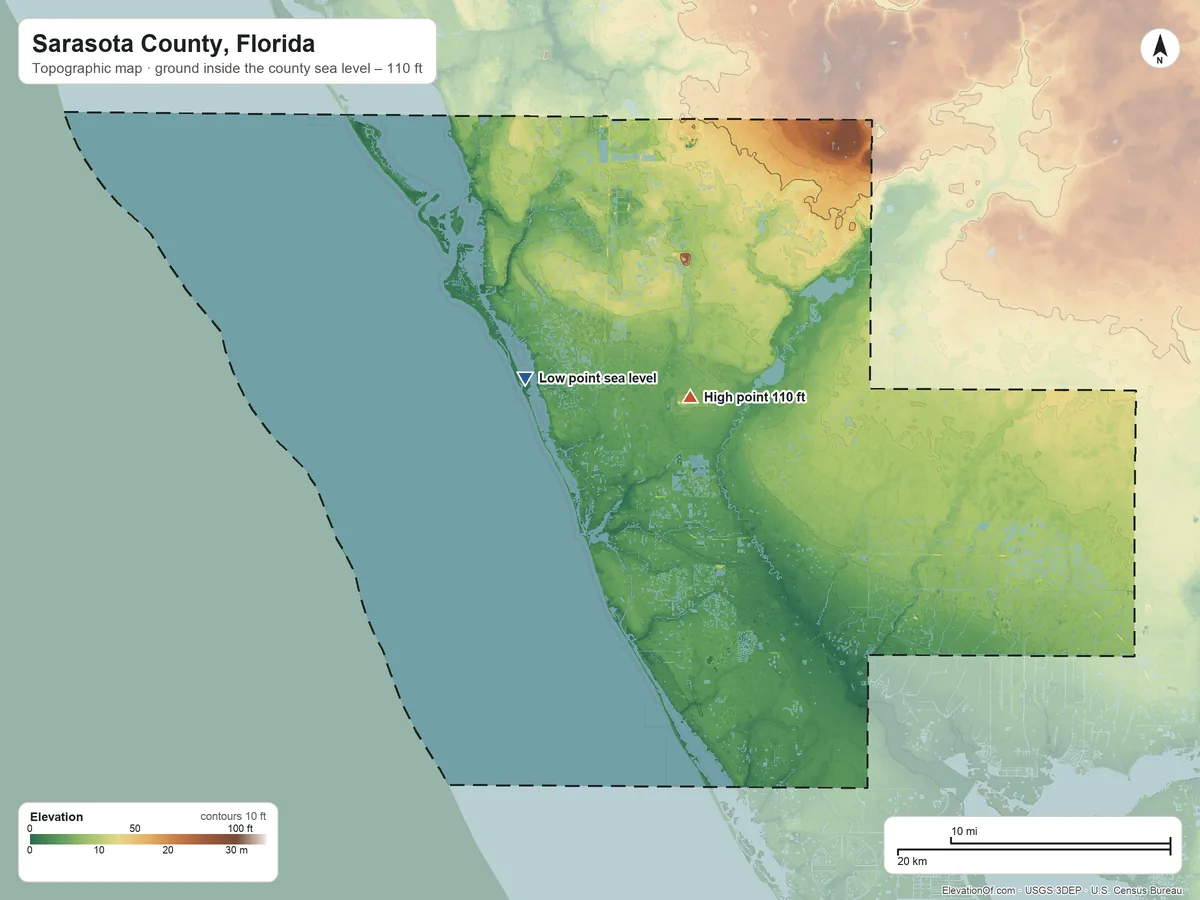 Topographic elevation map of Sarasota County, Florida, shaded from sea level on Little Sarasota Bay to 110 ft near the middle