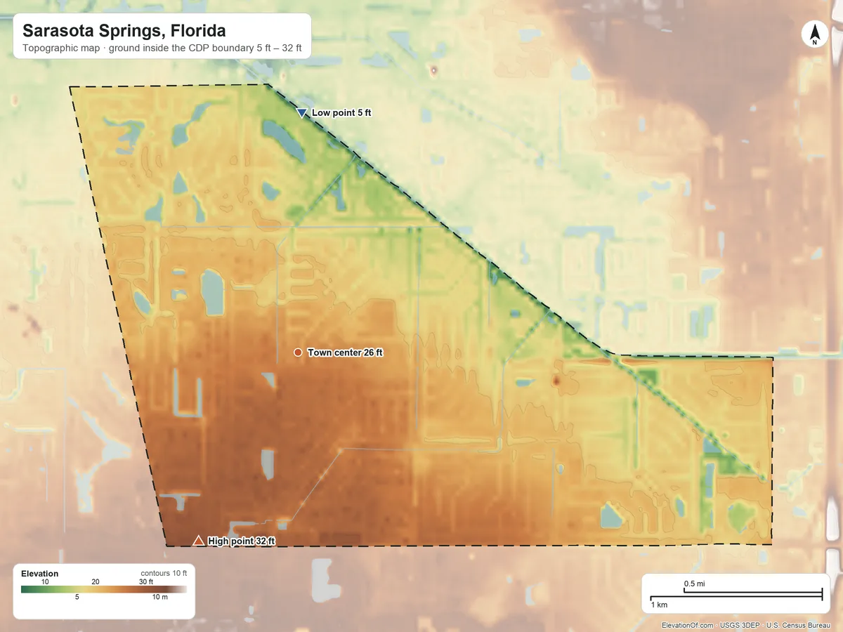 Topographic elevation map of Sarasota Springs, Florida, shaded from 5 ft on the north side to 32 ft on the southwest side