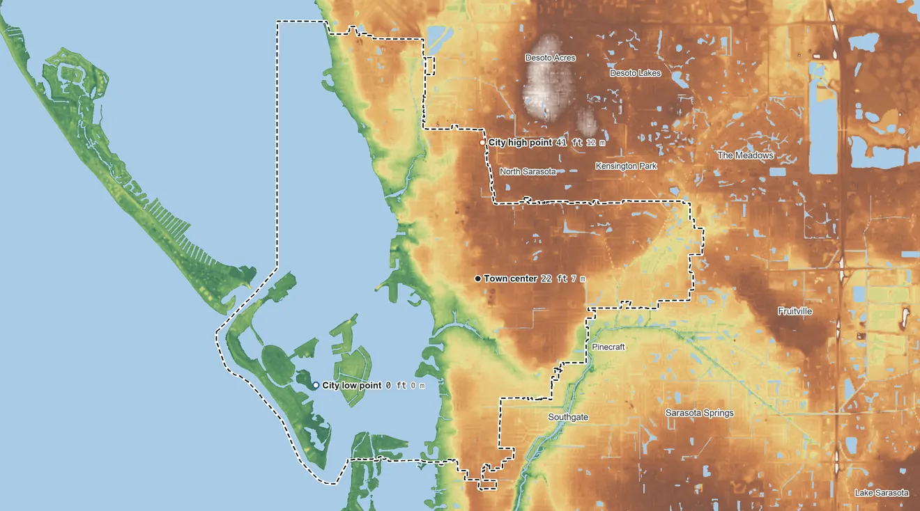 Topographic elevation map of Sarasota, Florida, shaded from sea level level on Sarasota Bay to 41 ft on the north side