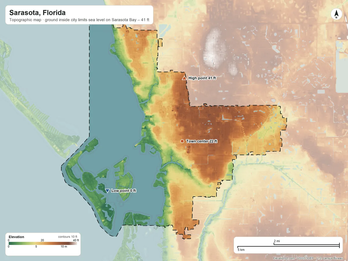 Topographic elevation map of Sarasota, Florida, shaded from sea level level on Sarasota Bay to 41 ft on the north side