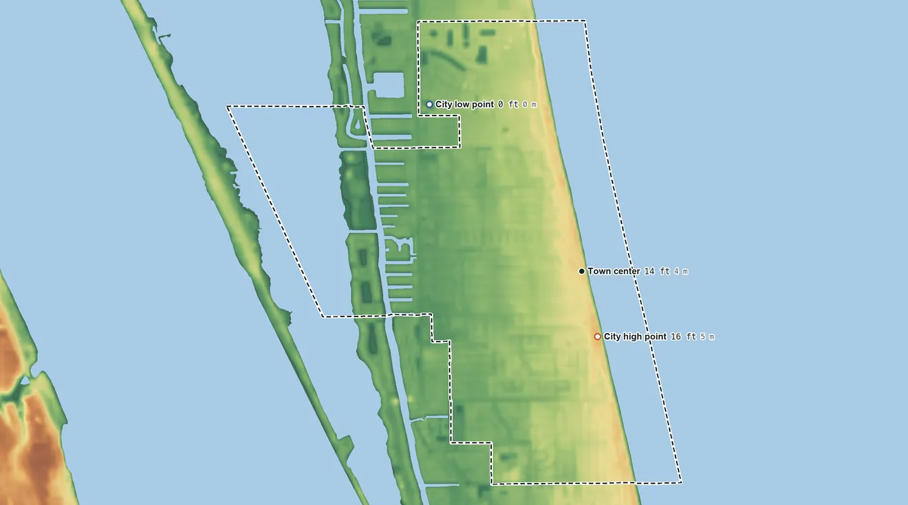 Topographic elevation map of Satellite Beach, Florida, shaded from sea level level on the Atlantic Ocean to 16 ft on the south side