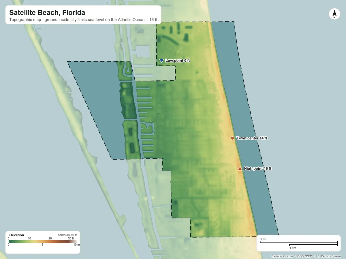 Topographic elevation map of Satellite Beach, Florida, shaded from sea level level on the Atlantic Ocean to 16 ft on the south side