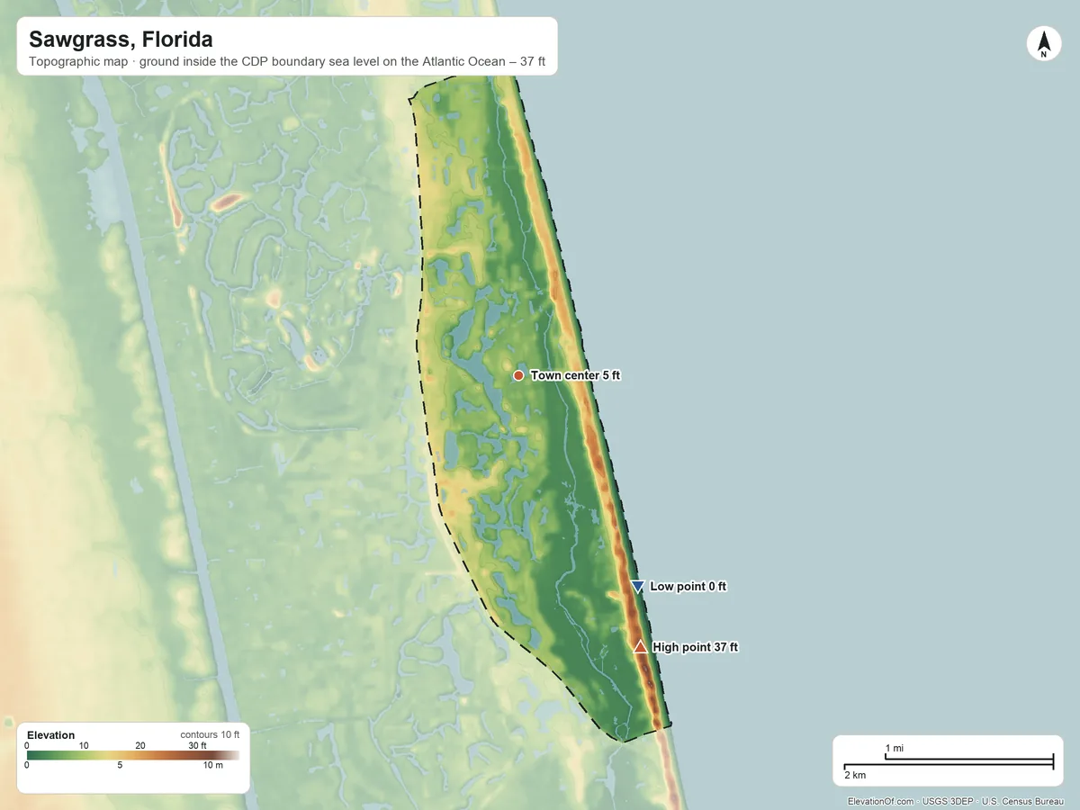 Topographic elevation map of Sawgrass, Florida, shaded from sea level level on the Atlantic Ocean to 37 ft on the southeast side