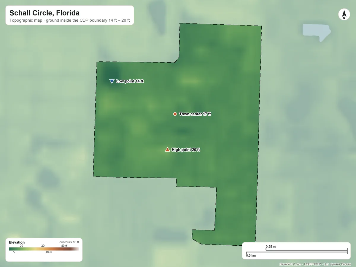 Topographic elevation map of Schall Circle, Florida, shaded from 14 ft on the northwest side to 20 ft on the south side