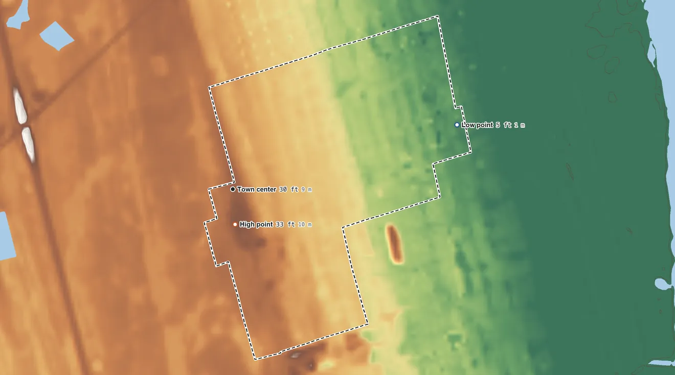 Topographic elevation map of Scottsmoor, Florida, shaded from 5 ft on the east side to 33 ft near the middle
