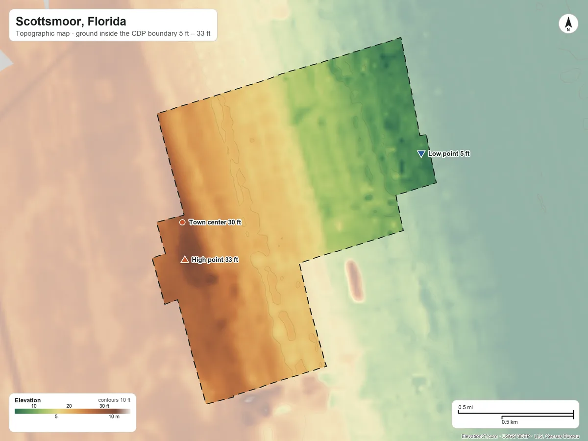 Topographic elevation map of Scottsmoor, Florida, shaded from 5 ft on the east side to 33 ft near the middle