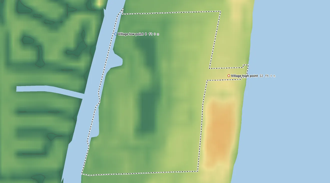 Topographic elevation map of Sea Ranch Lakes, Florida, shaded from sea level level on the Atlantic Ocean to 12 ft on the northeast side