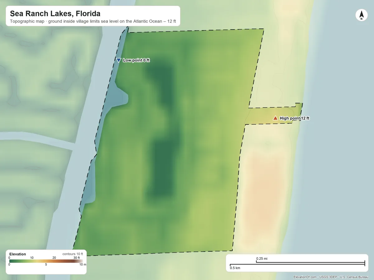 Topographic elevation map of Sea Ranch Lakes, Florida, shaded from sea level level on the Atlantic Ocean to 12 ft on the northeast side