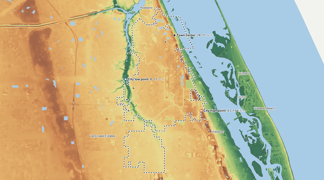 Topographic elevation map of Sebastian, Florida, shaded from 0 ft on the southwest side to 43 ft on the south side