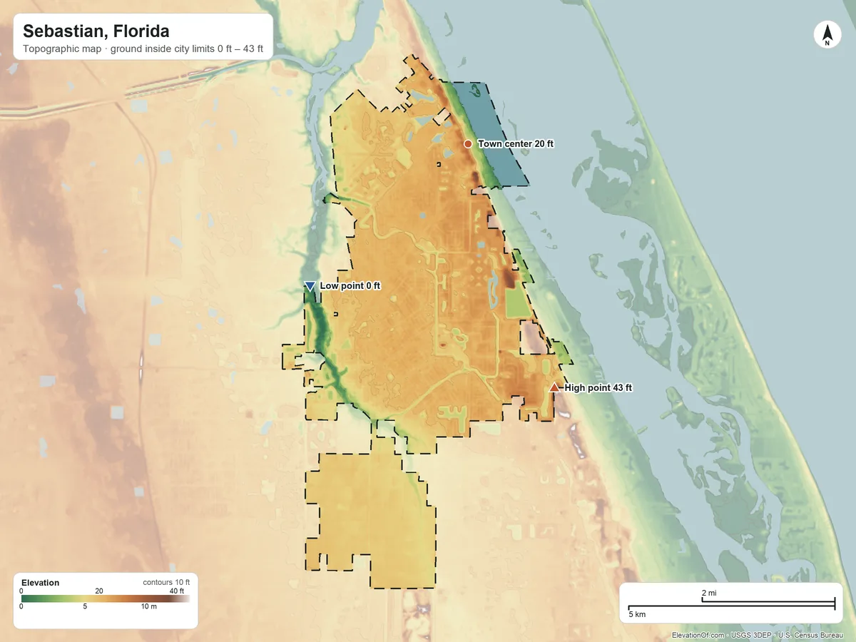 Topographic elevation map of Sebastian, Florida, shaded from 0 ft on the southwest side to 43 ft on the south side