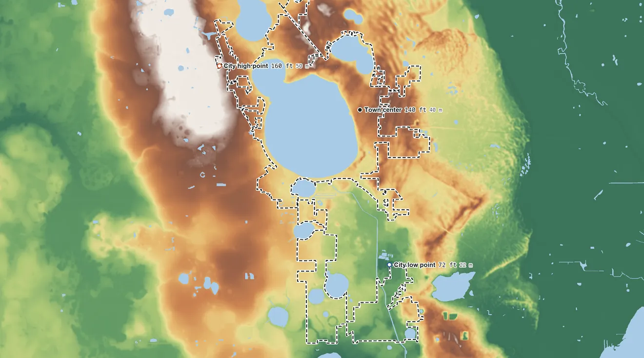 Topographic elevation map of Sebring, Florida, shaded from 72 ft on the south side to 160 ft on the west side