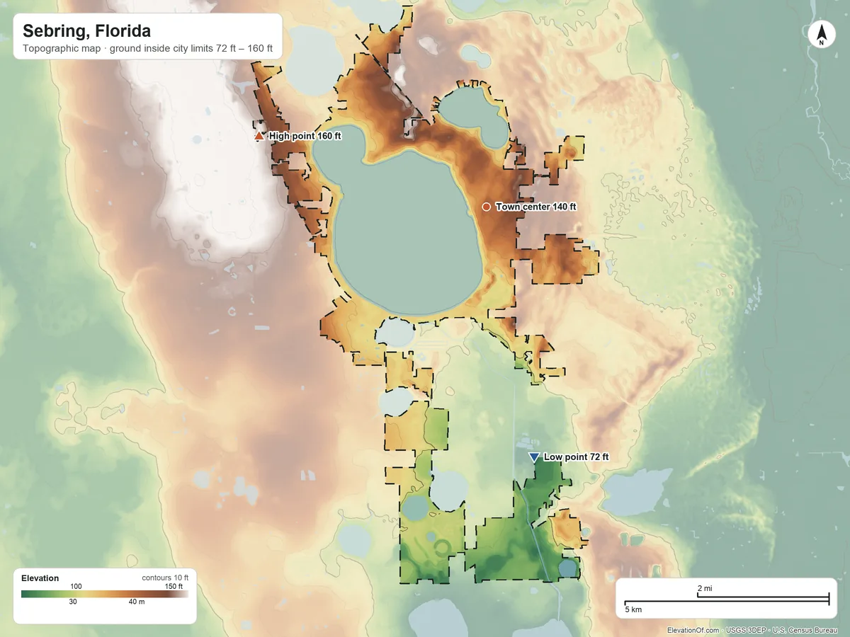 Topographic elevation map of Sebring, Florida, shaded from 72 ft on the south side to 160 ft on the west side