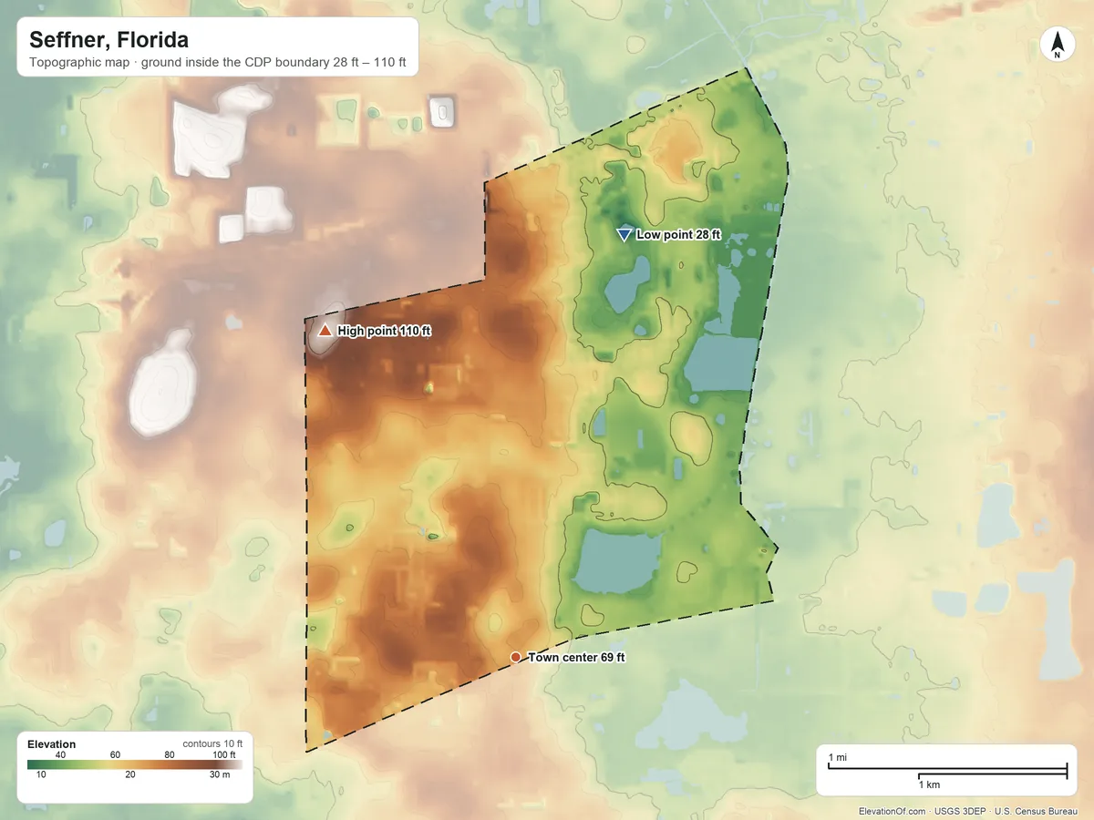 Topographic elevation map of Seffner, Florida, shaded from 28 ft on the north side to 110 ft on the northwest side
