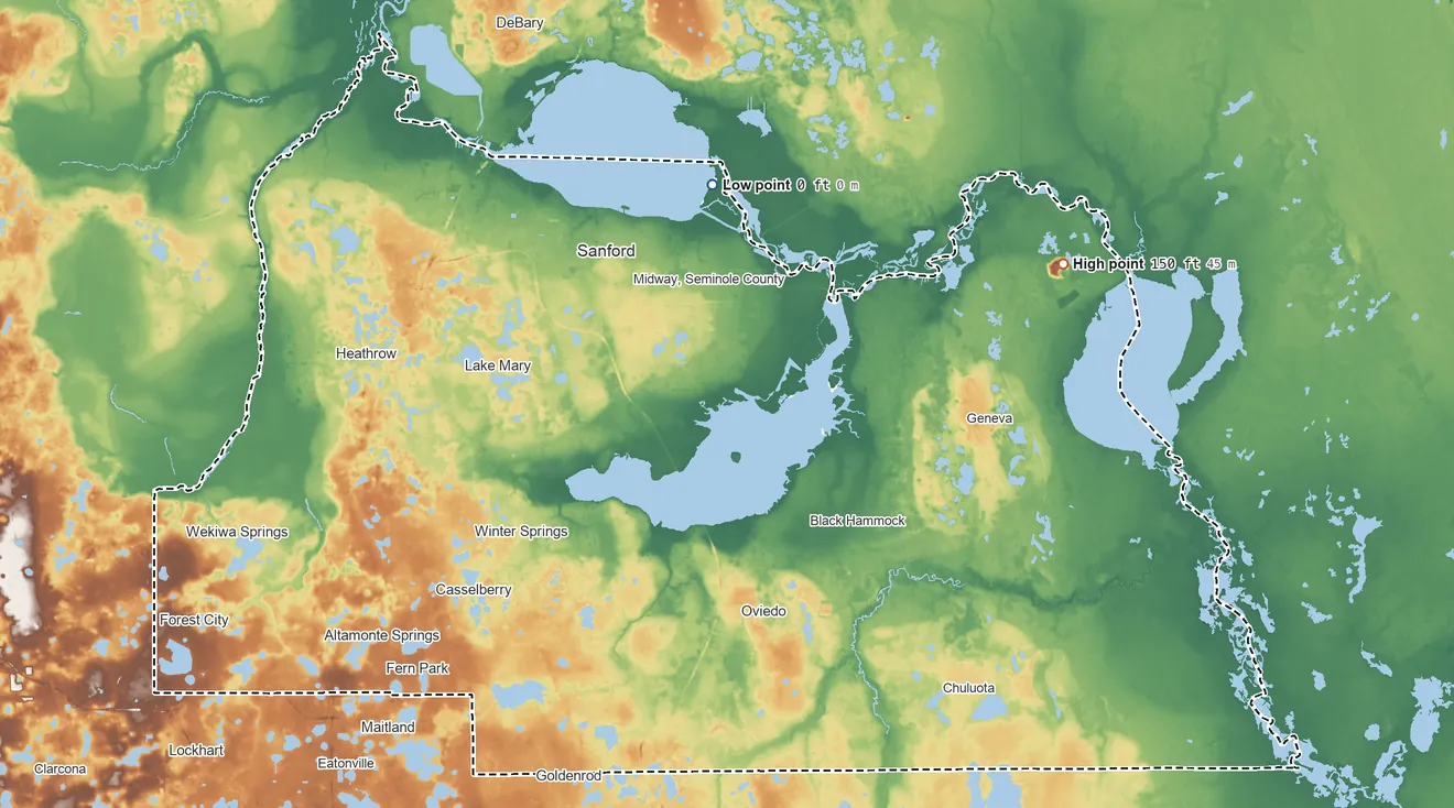 Topographic elevation map of Seminole County, Florida, shaded from 0 ft on the north side to 150 ft on the northeast side