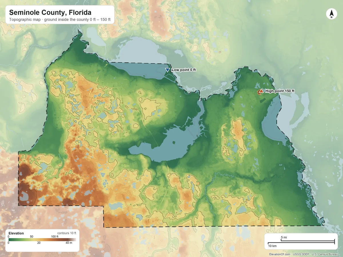 Topographic elevation map of Seminole County, Florida, shaded from 0 ft on the north side to 150 ft on the northeast side