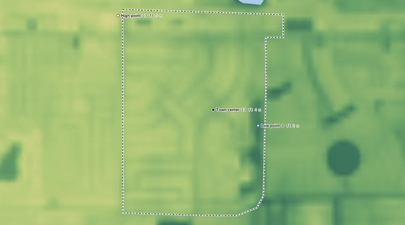 Topographic elevation map of Seminole Manor, Florida, shaded from 8 ft on the east side to 17 ft on the northwest side