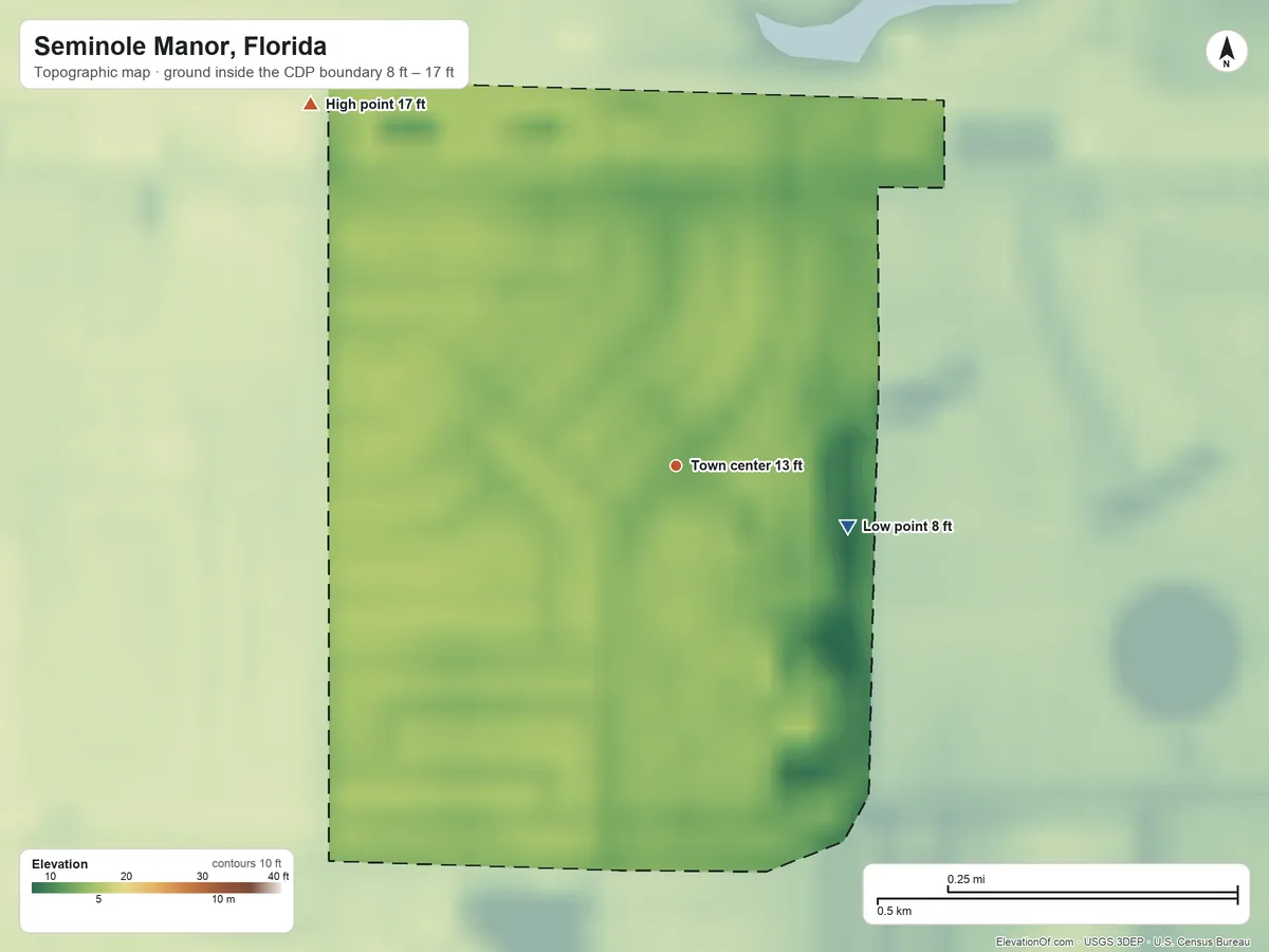 Topographic elevation map of Seminole Manor, Florida, shaded from 8 ft on the east side to 17 ft on the northwest side