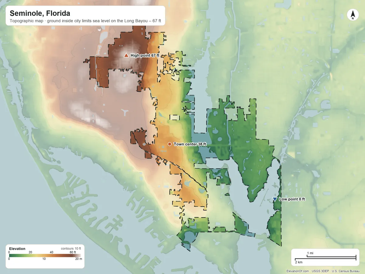 Topographic elevation map of Seminole, Florida, shaded from sea level level on the Long Bayou to 67 ft on the northwest side