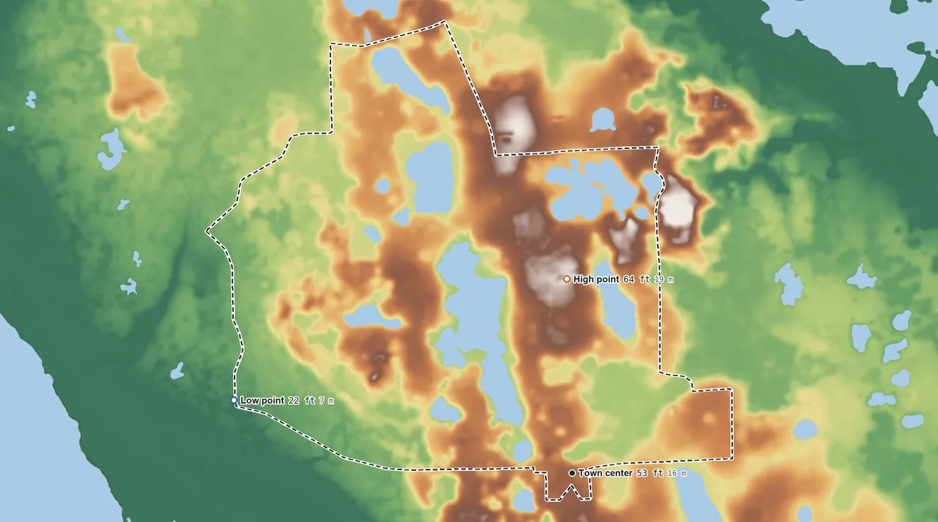 Topographic elevation map of Seville, Florida, shaded from 22 ft on the west side to 64 ft on the north side