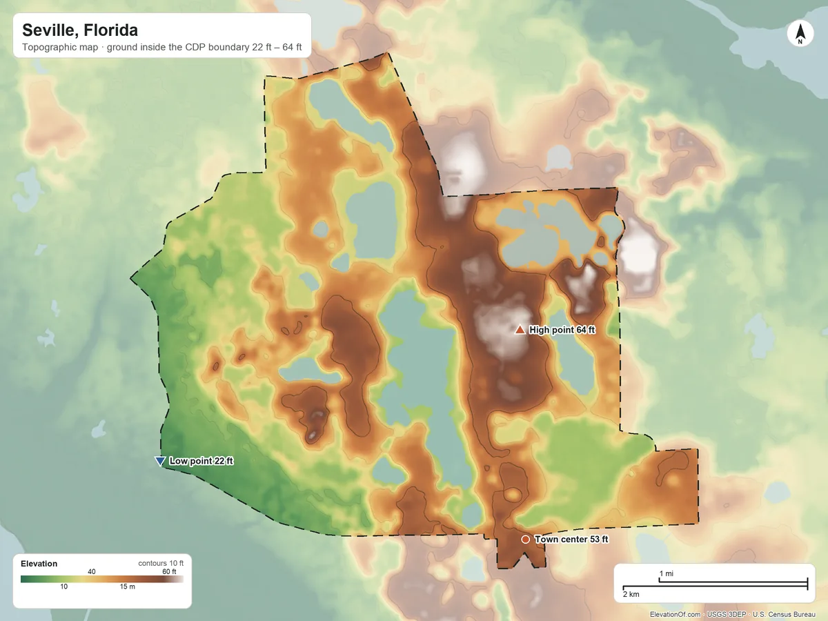 Topographic elevation map of Seville, Florida, shaded from 22 ft on the west side to 64 ft on the north side