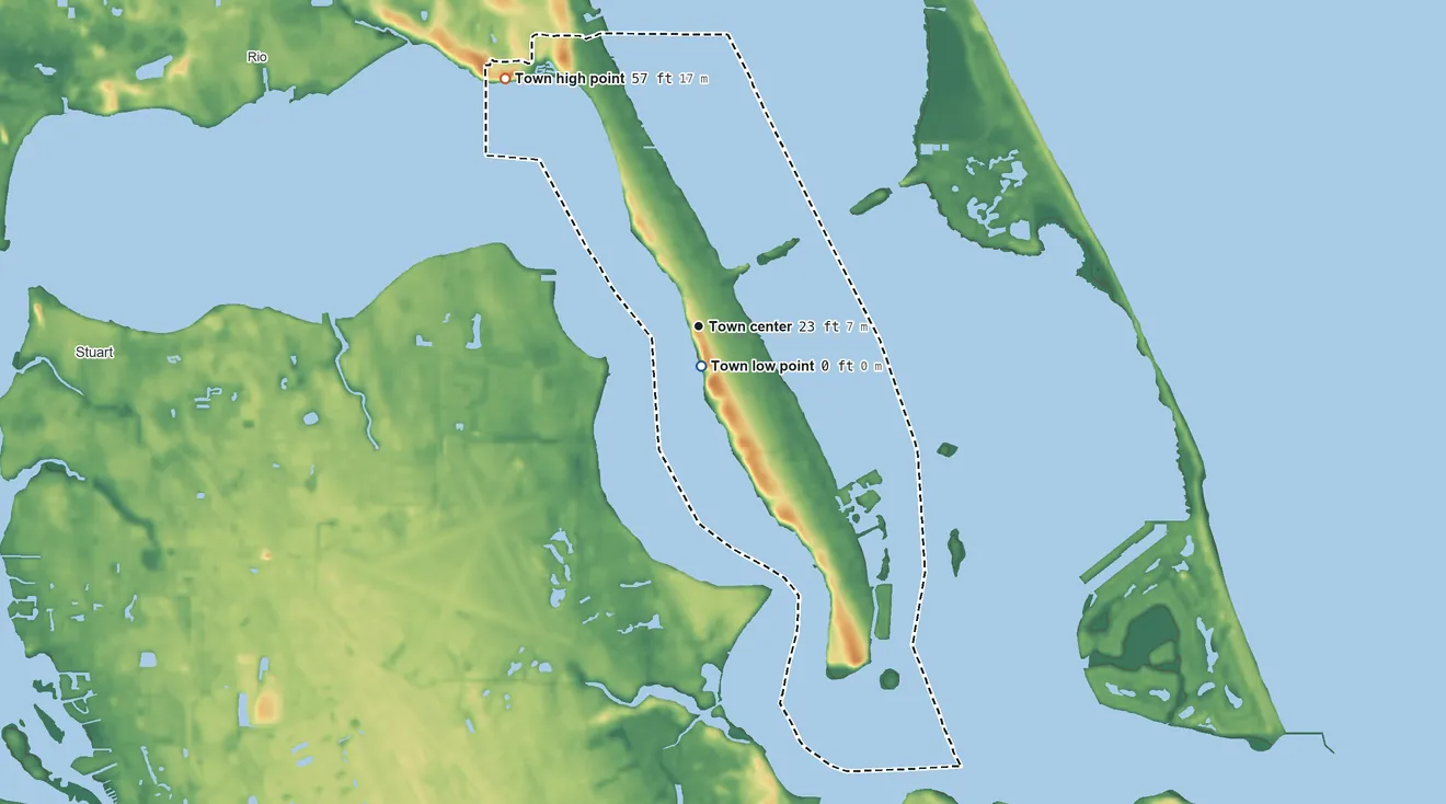 Topographic elevation map of Sewall's Point, Florida, shaded from 0 ft near the middle to 57 ft on Pisgah Hill