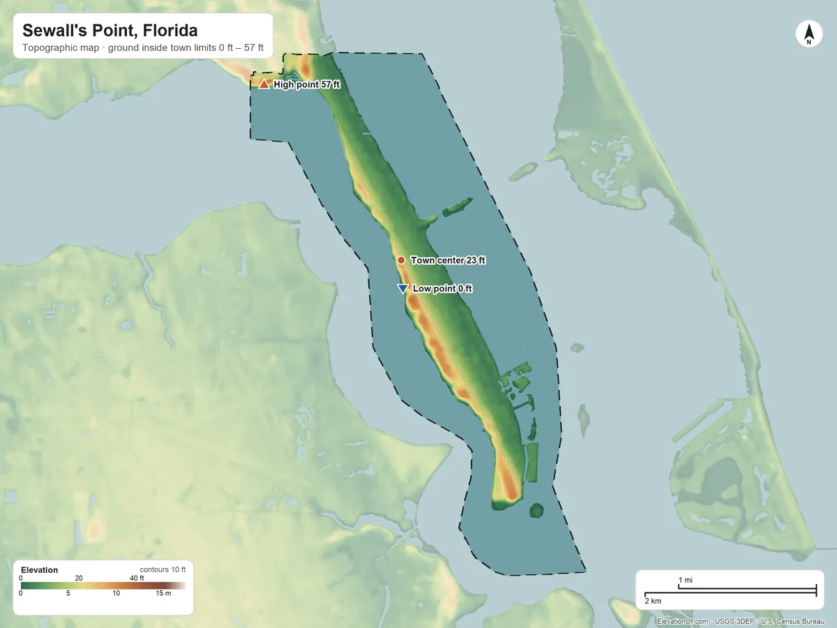 Topographic elevation map of Sewall's Point, Florida, shaded from 0 ft near the middle to 57 ft on Pisgah Hill