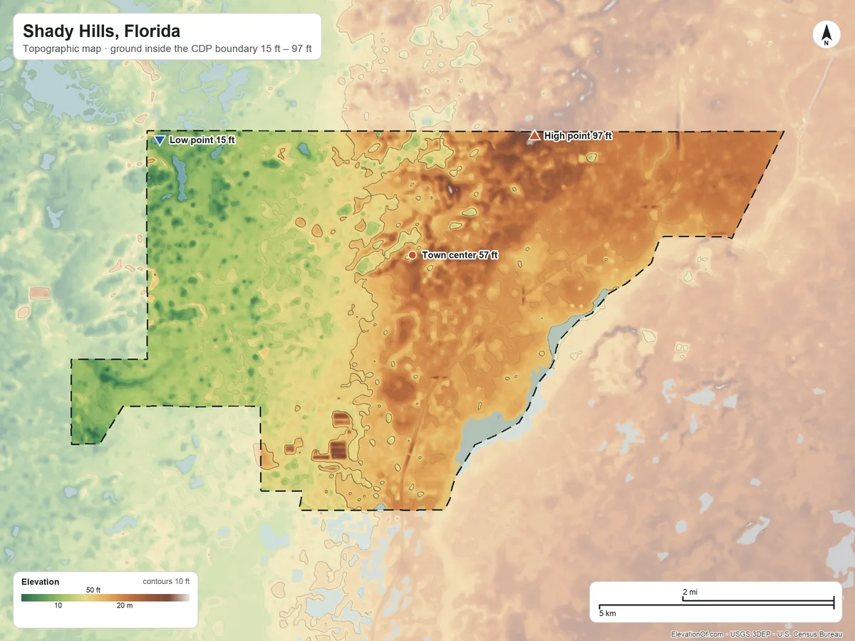 Topographic elevation map of Shady Hills, Florida, shaded from 15 ft on the northwest side to 97 ft on the northeast side