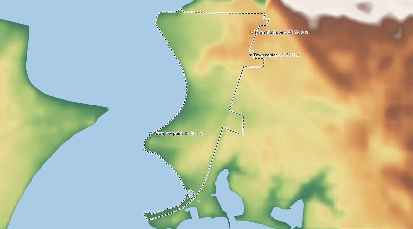 Topographic elevation map of Shalimar, Florida, shaded from sea level level on Choctawhatchee Bay to 19 ft near the middle