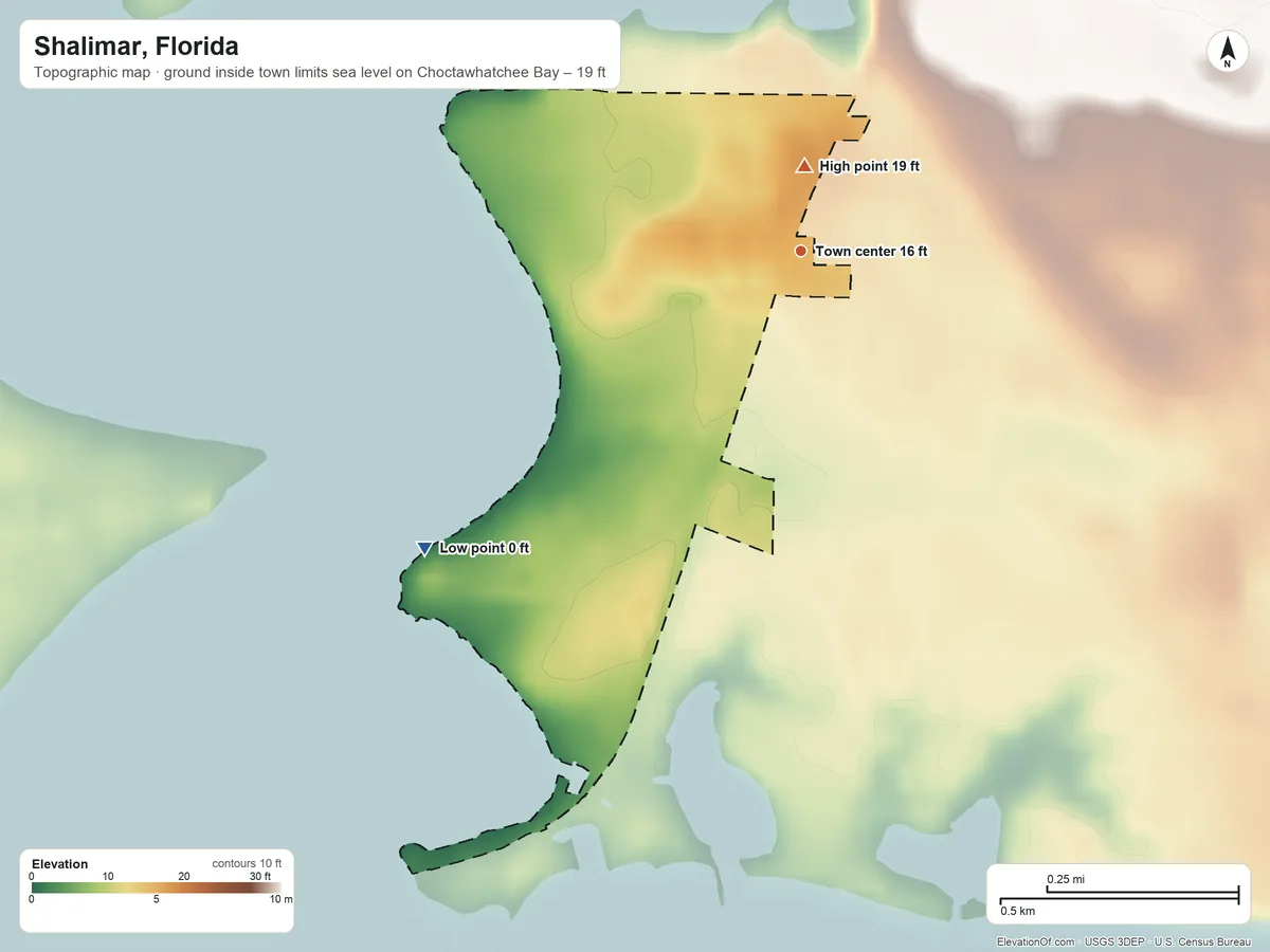 Topographic elevation map of Shalimar, Florida, shaded from sea level level on Choctawhatchee Bay to 19 ft near the middle