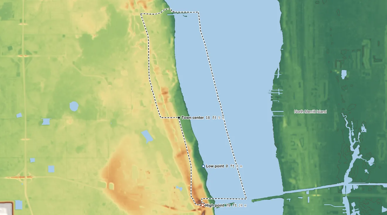 Topographic elevation map of Sharpes, Florida, shaded from 0 ft on the southeast side to 79 ft on the south side