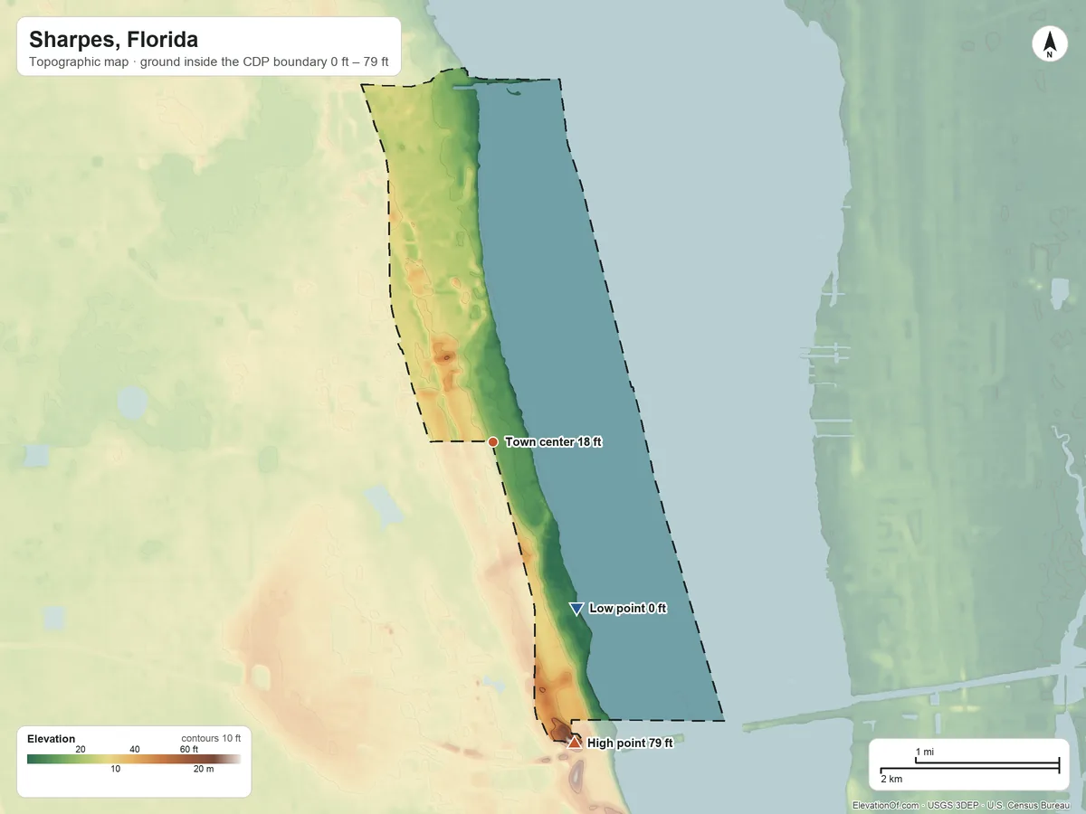 Topographic elevation map of Sharpes, Florida, shaded from 0 ft on the southeast side to 79 ft on the south side