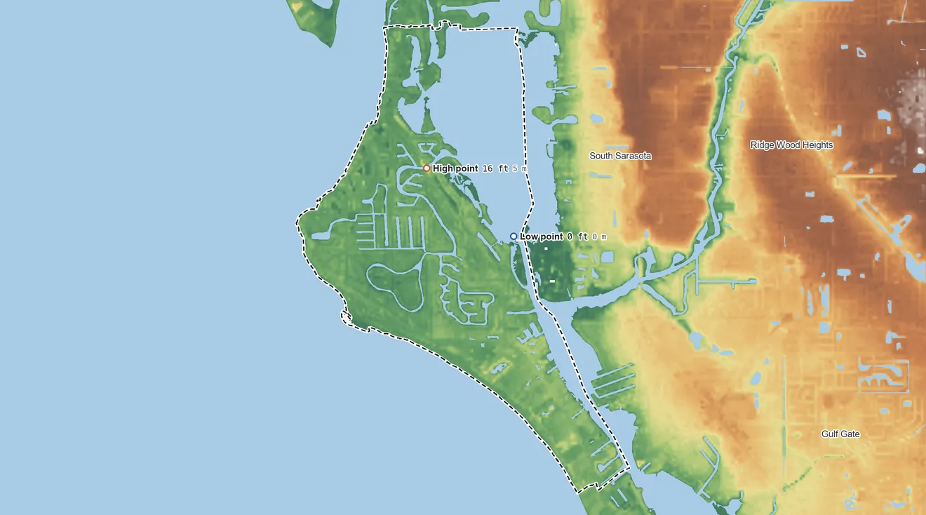 Topographic elevation map of Siesta Key, Florida, shaded from sea level level on Roberts Bay to 16 ft on the north side