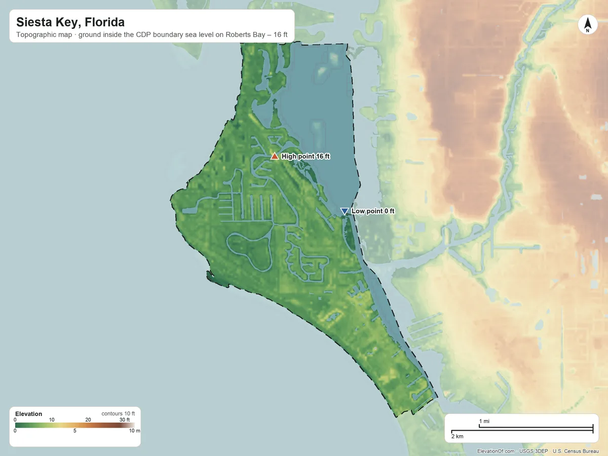 Topographic elevation map of Siesta Key, Florida, shaded from sea level level on Roberts Bay to 16 ft on the north side