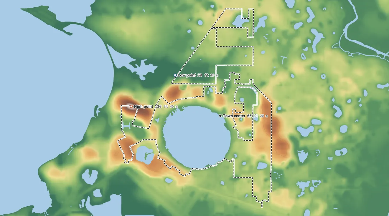 Topographic elevation map of Silver Lake, Florida, shaded from 59 ft on the northwest side to 130 ft on the west side