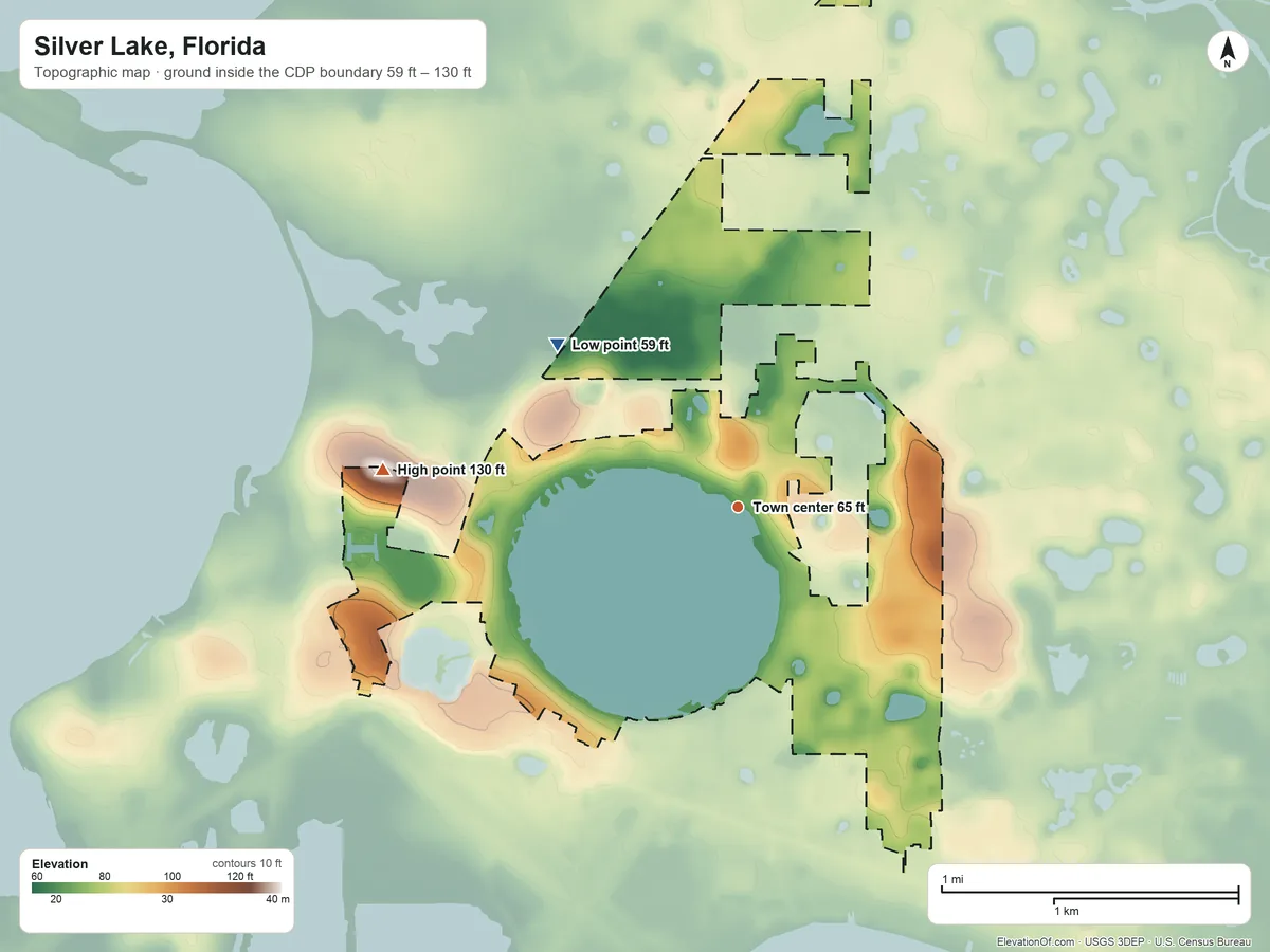 Topographic elevation map of Silver Lake, Florida, shaded from 59 ft on the northwest side to 130 ft on the west side