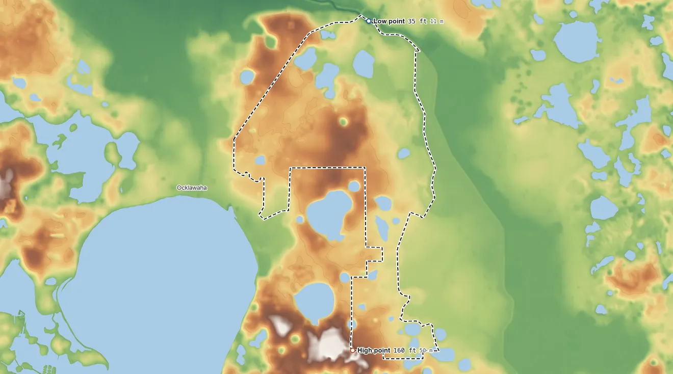 Topographic elevation map of Silver Springs Shores East, Florida, shaded from 35 ft on the north side to 160 ft on the south side